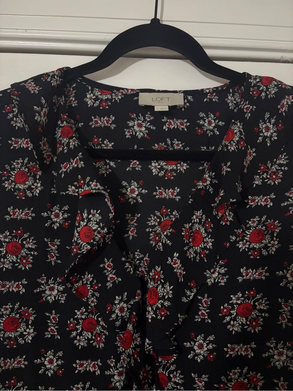 LOFT Black Floral Button-Up Blouse with Red & White Floral Accents
